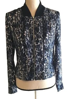 Cache Blue & White Animal Leopard Print Zip-Front Blousy Jacket Size M